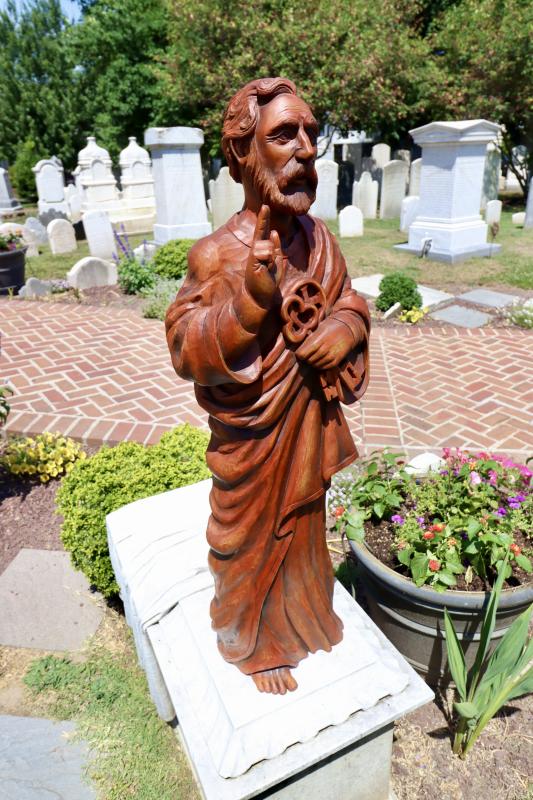 Seen before it was lifted into place, the St. Peter statue is 38 inches tall. It has intricate detail down to the feet, which will never be seen now that it is mounted.